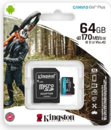 Memoria Kingston Micro SDXC Canvas Go Plus 64GB UHS-I U3 V30 A2 Clase 10 C/Adaptador